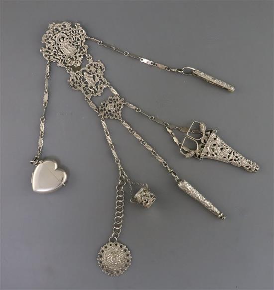 A Victorian silver chatelaine with five suspension chains, overall approx. 35cm